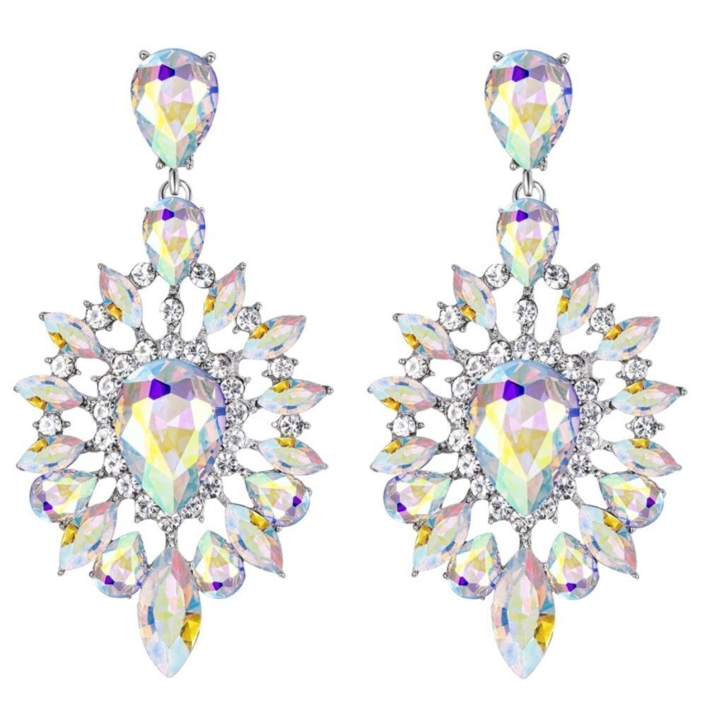 Silver with Iridescent AB Austrian Crystal Teardrop Chandelier Post Earrings